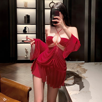 Women's Sexy Halter Neck Cutout Bodycon Mini Dress Sheer Sleeve | Summer Backless Ruched Party Club Dress
